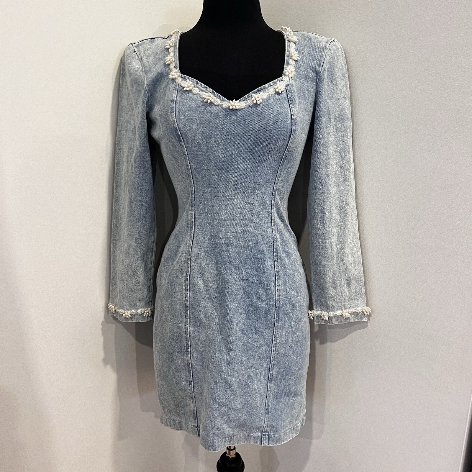 Vintage Rampage Acid Wash Denim Dress Beaded Long Sleeve Grunge Y2K Size 5