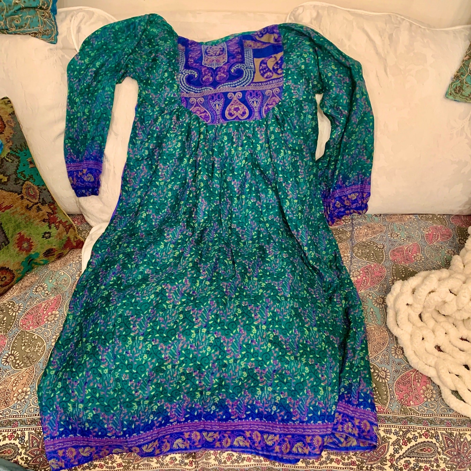 SEVENTIES 70&rsquo;s India SILK Mixed PATCHWORK Block Print HIPPIE BOHO Gypsy Dress