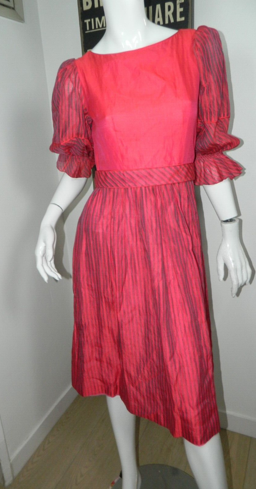 Hardy Amies Dress Size Small Vintage 1950’s Pink Stripes Puffy Sleeves Belted
