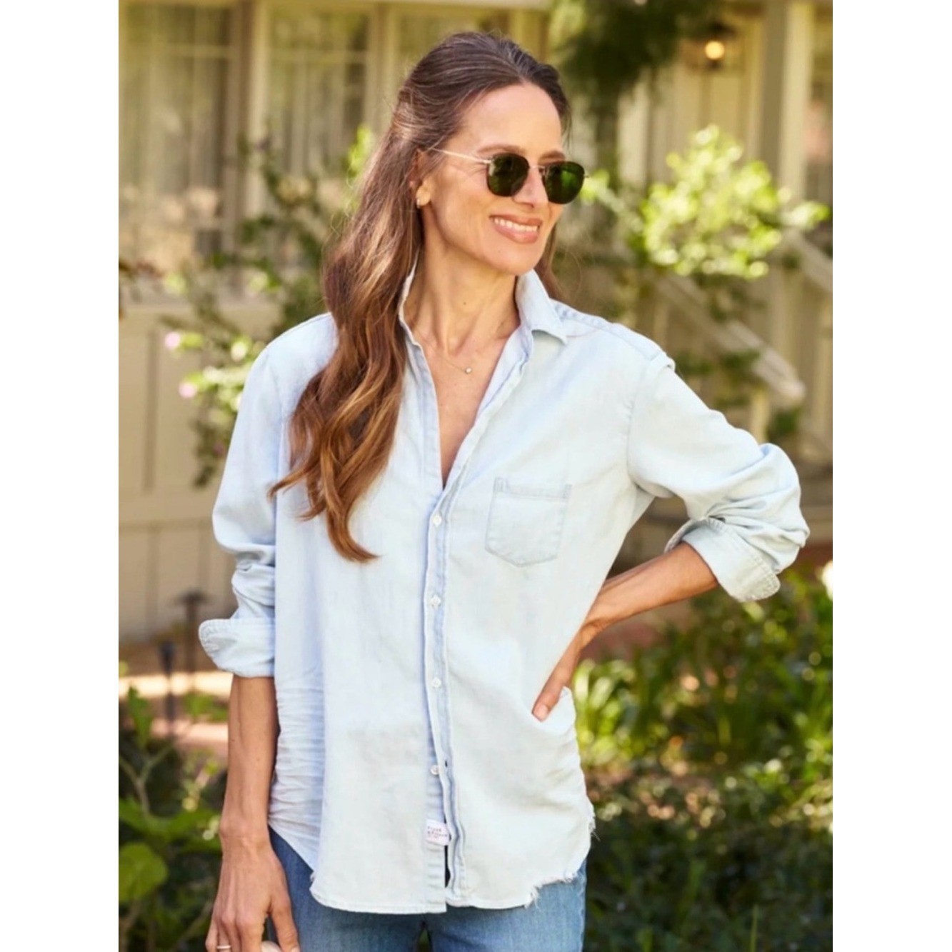 Frank & Eileen Famous Button Down Cotton Denim Distressed Splattered Shirt Sz L