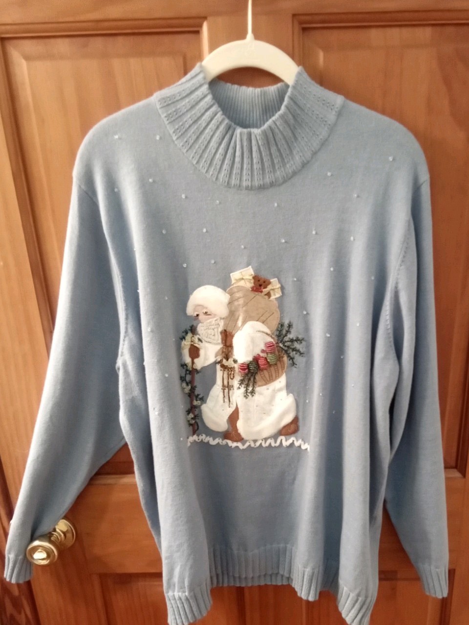 Vtg. Quacker Factory Christmas Sweater. Light Blue With Appliqued Santa. Sz. 1X
