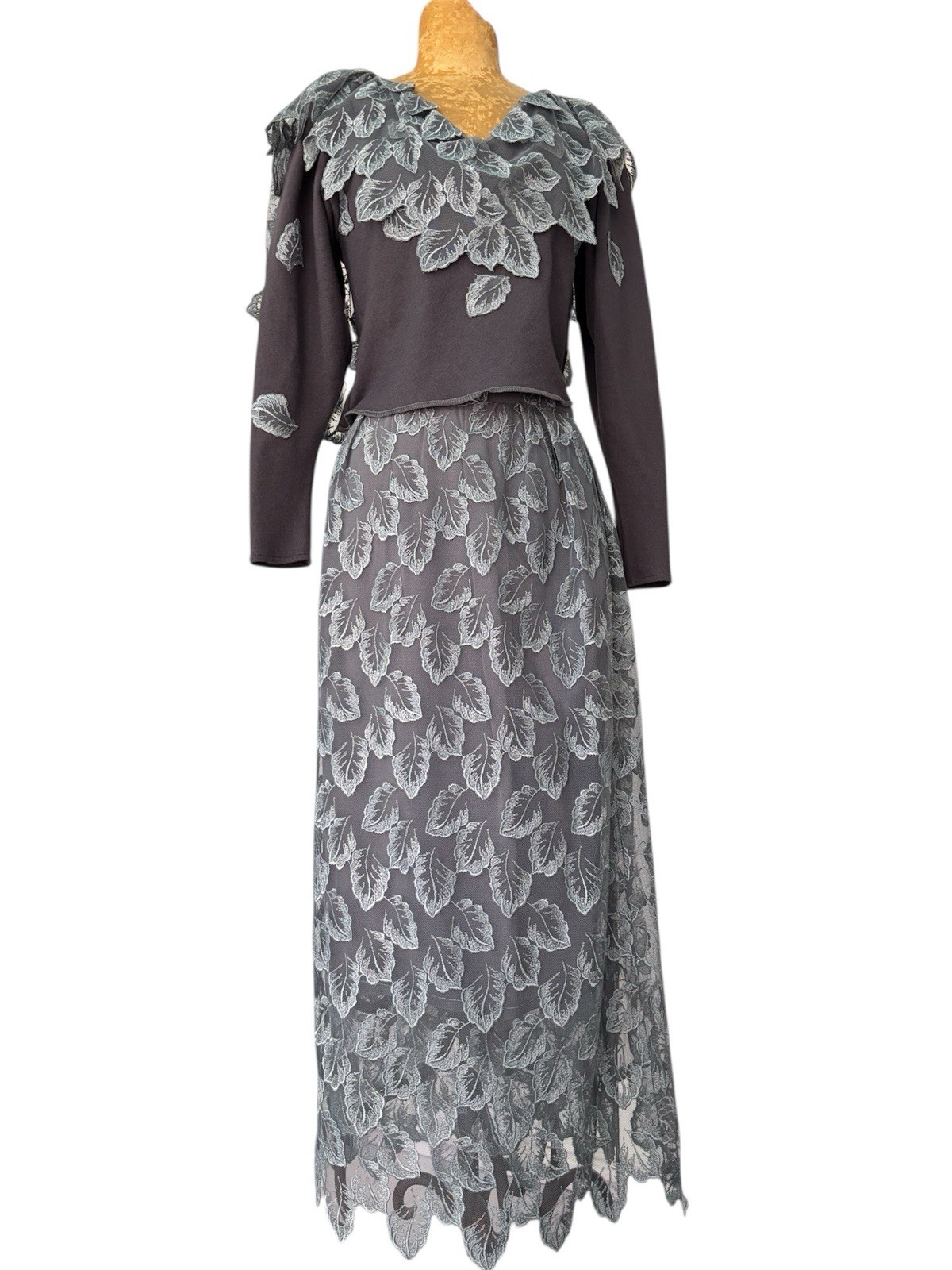 GIORGIO SANT’ANGELO Vintage Rare 1980s Silver Blue Lace Leaf Skirt Set