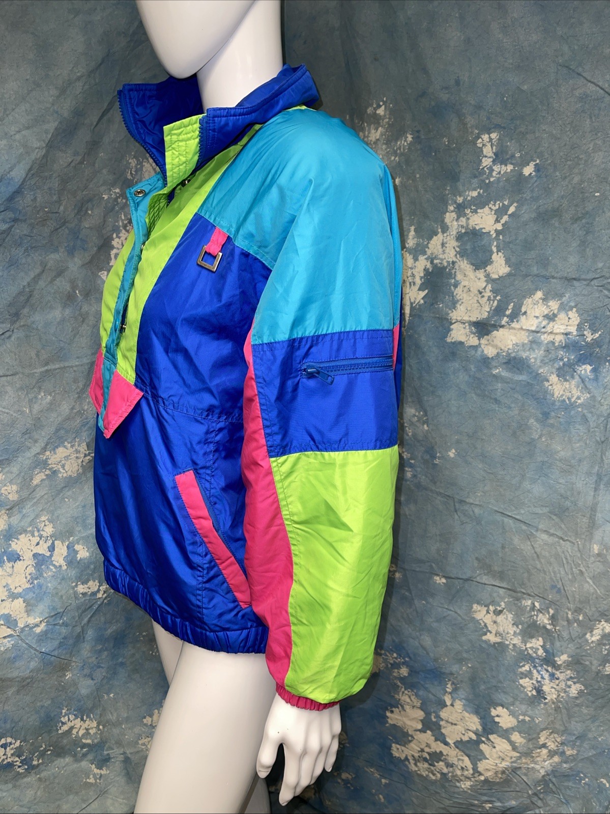 Vtg 1980s Women’s Pullover Ski Jacket Bright Color Block Neon Prima Futurski M/L