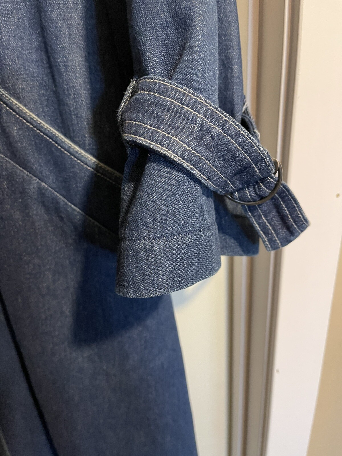 Vintage denim long duster coat wool lined womens sz 12P Western MISTY HARBOR