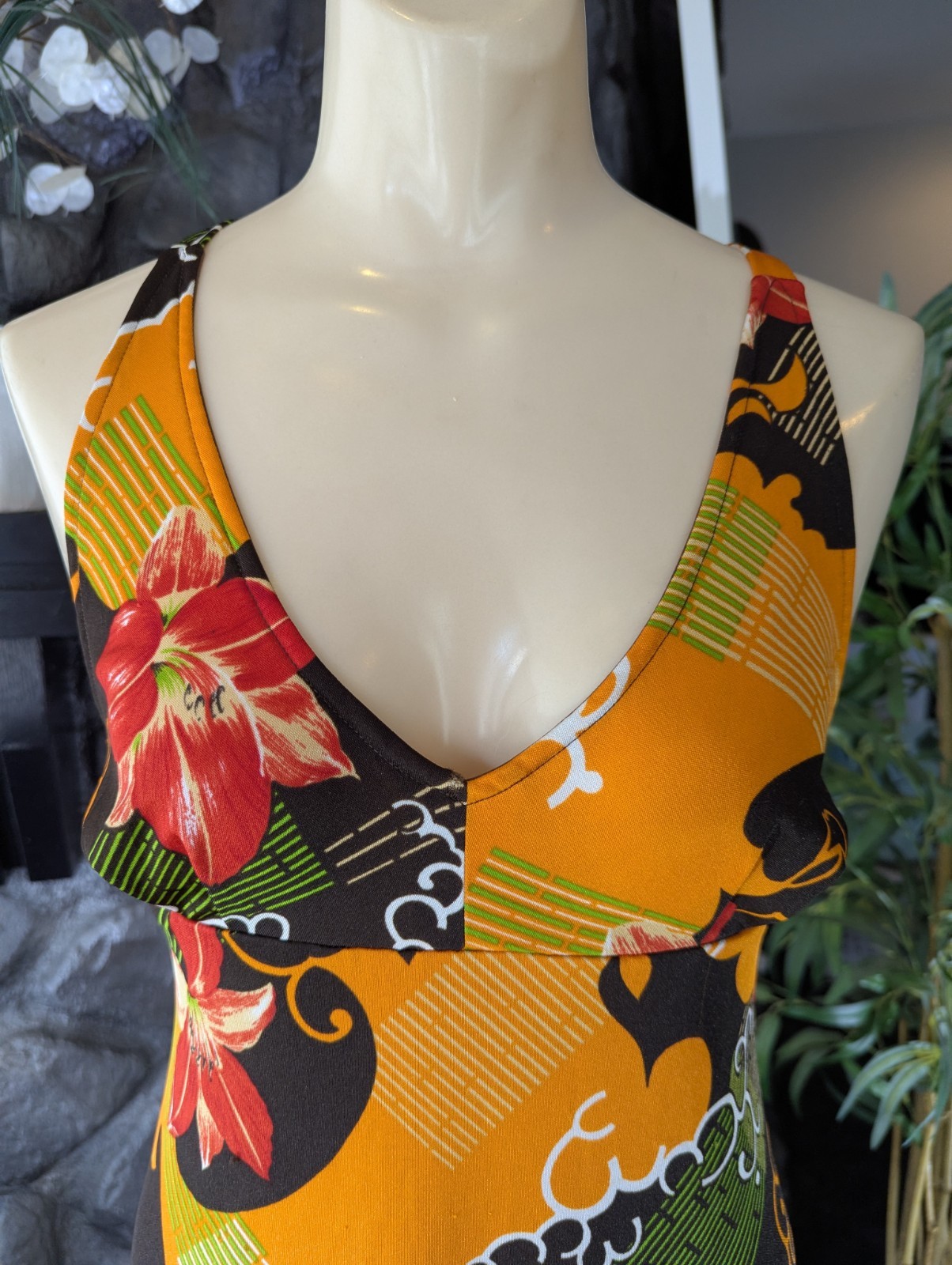 Vintage 1970s Jonathan Logan Halter Maxi Dress Hawaiian Floral Poly Knit Size XS