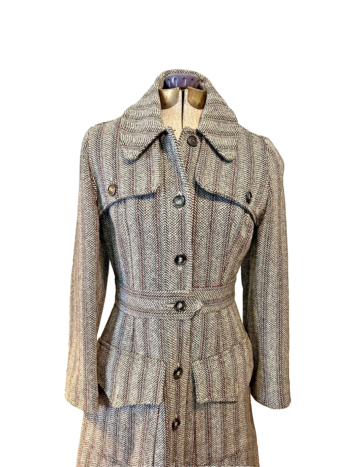 Vintage 1940 Hand-Tailored Herringbone Wool Princess Coat Long Fitted Gorgeous S