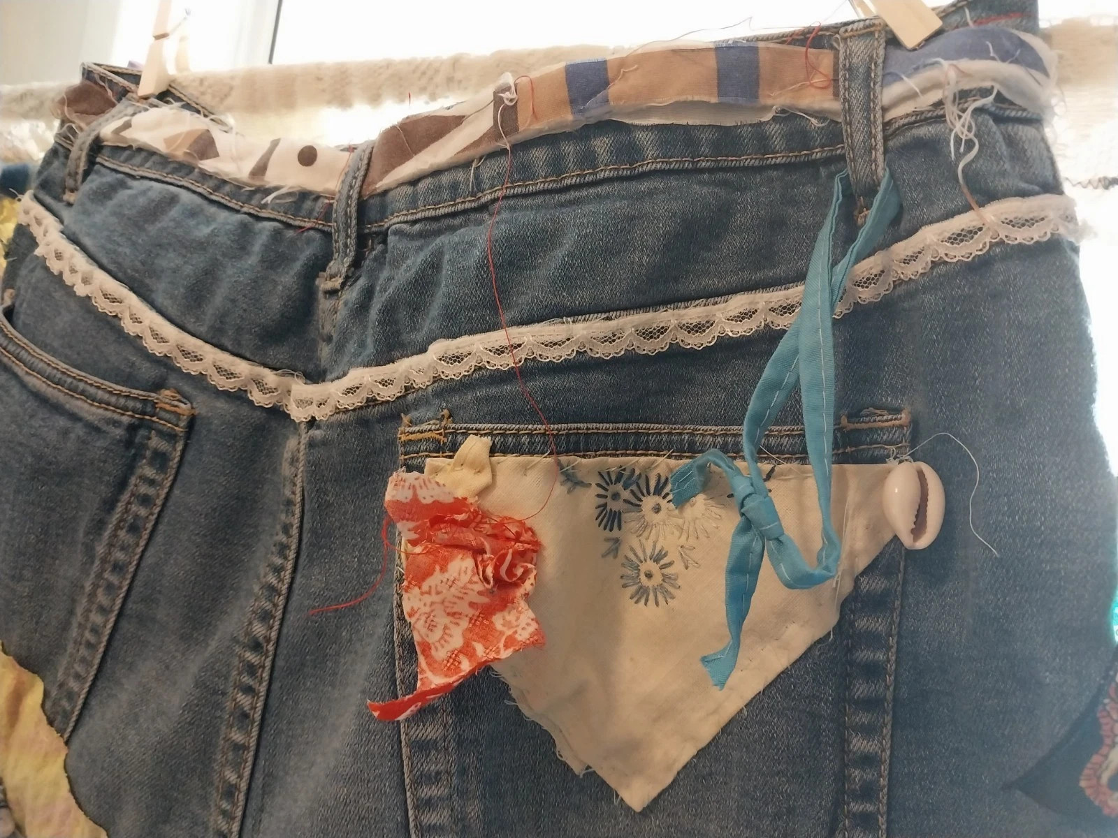 Vtg FRINGE CROCHET REWORKED ART TO WEAR DENIM SHORTS PATCHWORK BOHO HIPPY S
