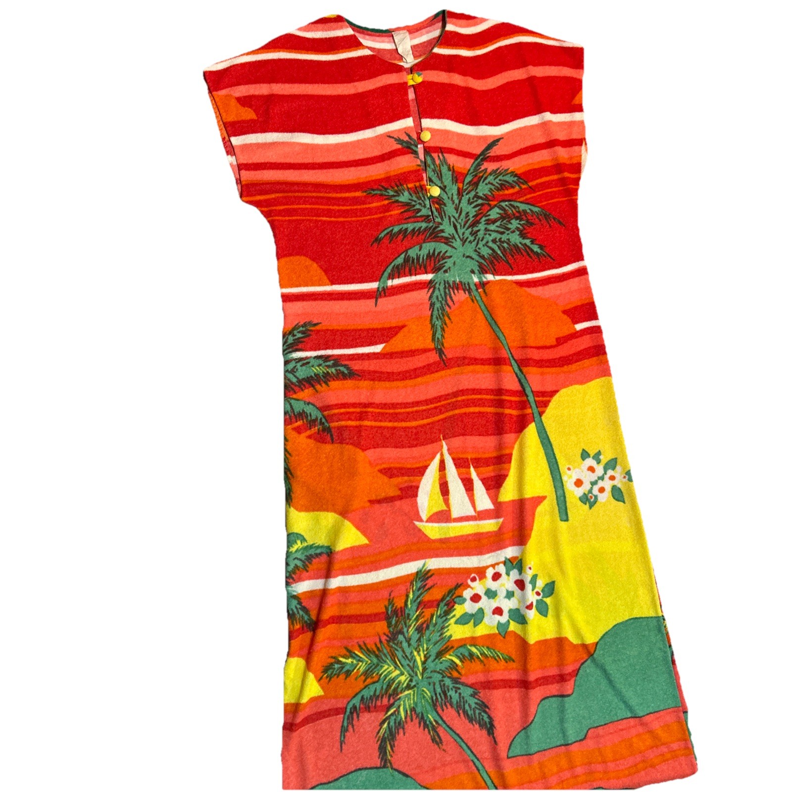 Vtg 70s Hawaiian Sunset Rainbow Palm Trees Micro Terrycloth Towel Maxi Dress M