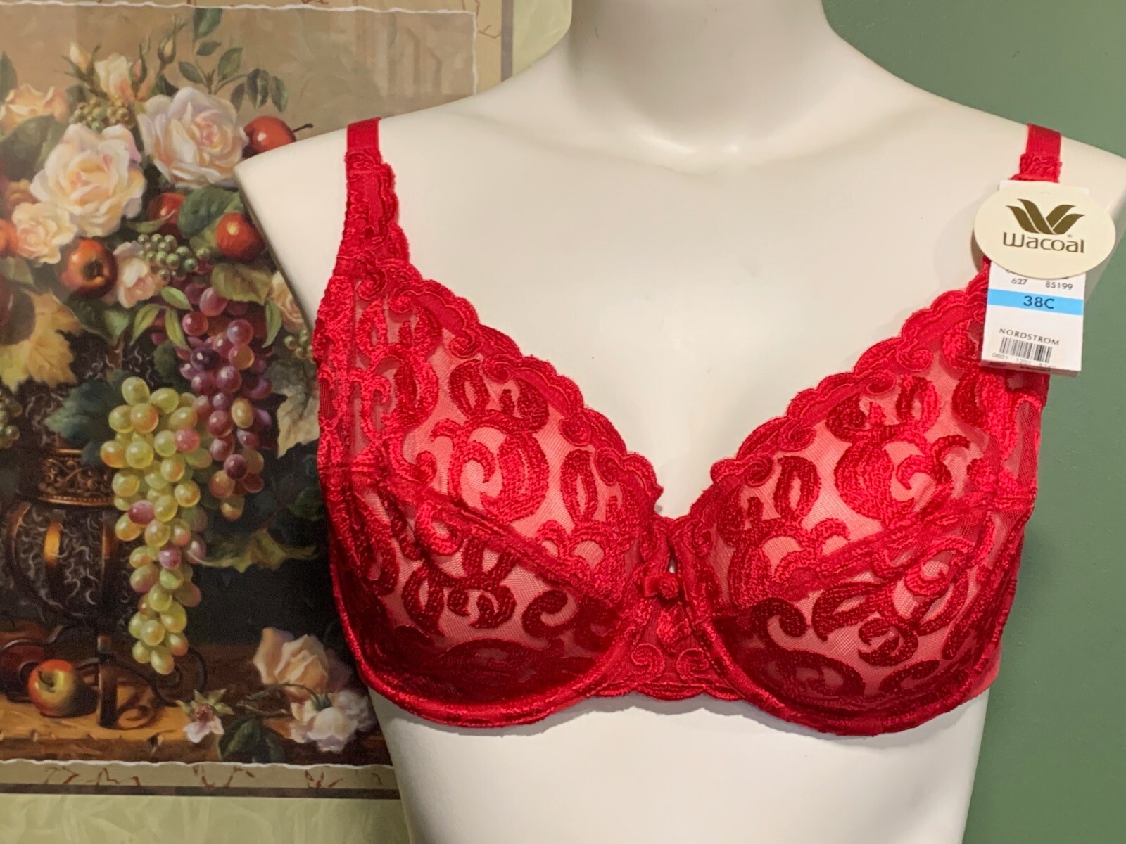VINTAGE WACOAL 85199 ~ RED ARABESQUE SEMI SHEER FULL FIGURE UNDERWIRE BRA 38C