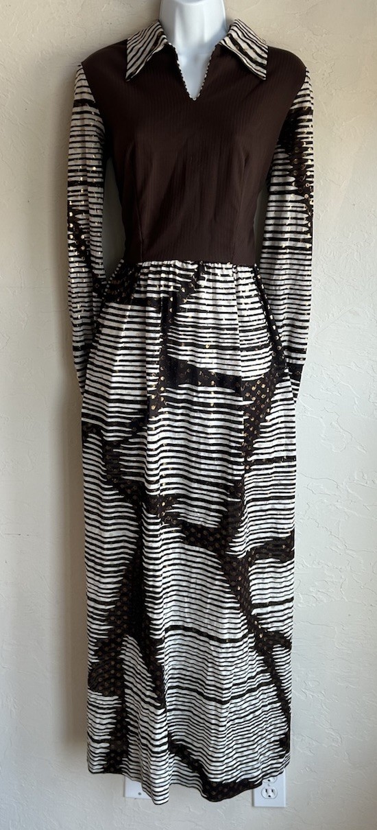 Vintage 70s Toni Todd Maxi Dress S M Brown Disco Boho Hostess Mod Glitter Stripe