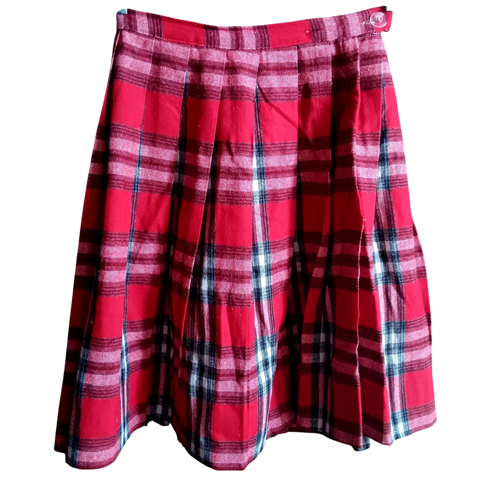 23W Vintage Pleated Skirt Red & Black Plaid With Button Zip Closure 1950&rsquo;s Wool