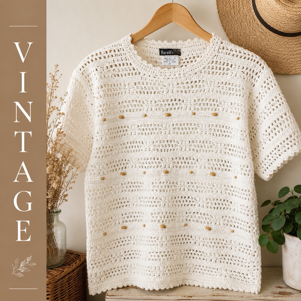 Vintage Harold&rsquo;s Hand Knit Sweater Medium White Cotton Crochet Beaded Boho