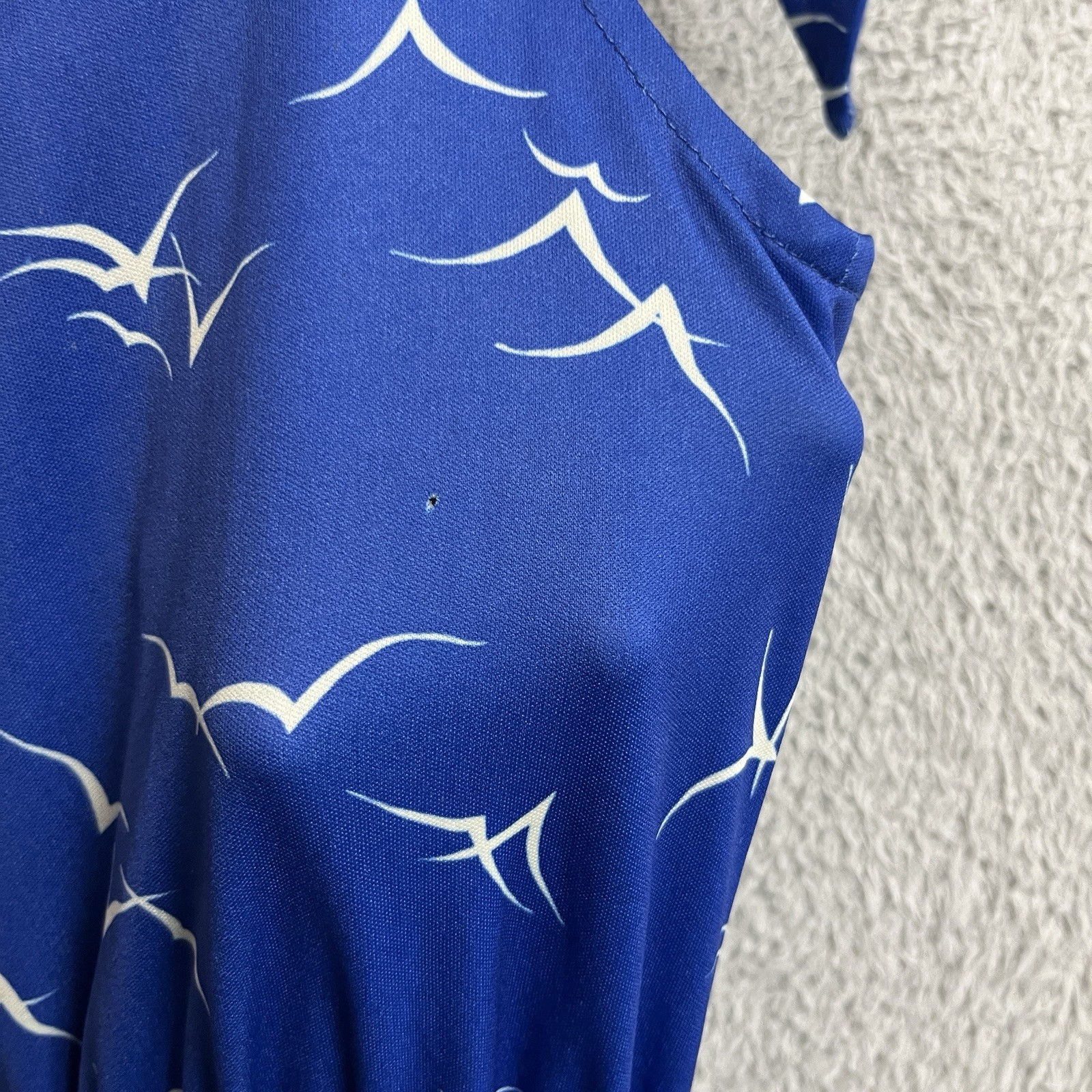 Vintage 70s Dress Womens Small Blue Seaside Seagulls All Over Print Tie Shoulder