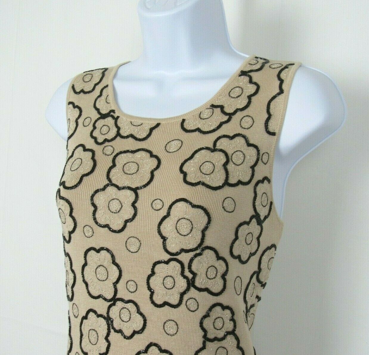 VTG 1990s 2000s MOD ANN TAYLOR SILK BEADED SLEEVELESS TOP SIZE MEDIUM TAN BLACK