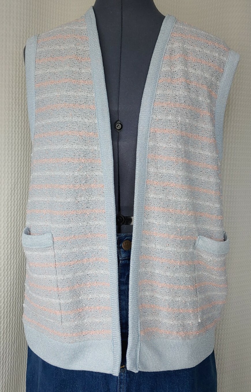 Vintage Devon Light Blue, Peach & White Striped Acrylic Sweater Vest Size Large