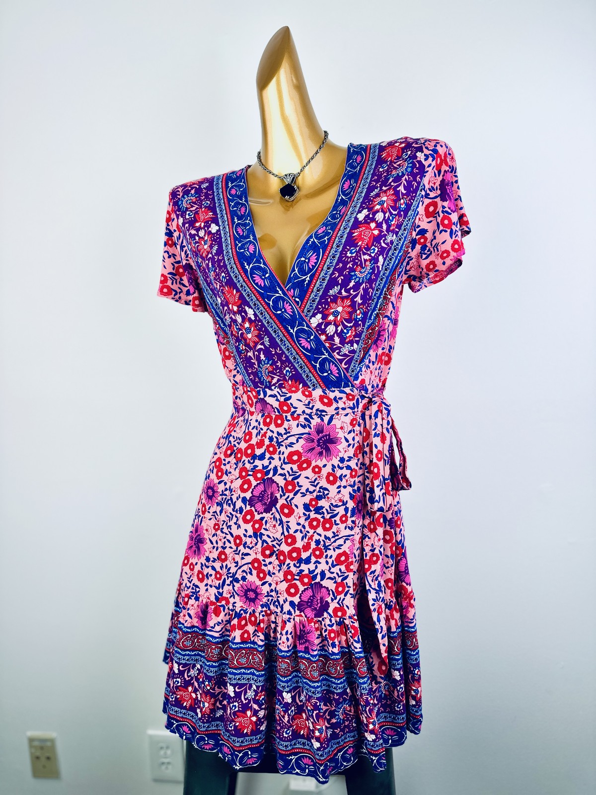 Vintage VTG 90s boho wrap dress floral print prairie mini sundress
