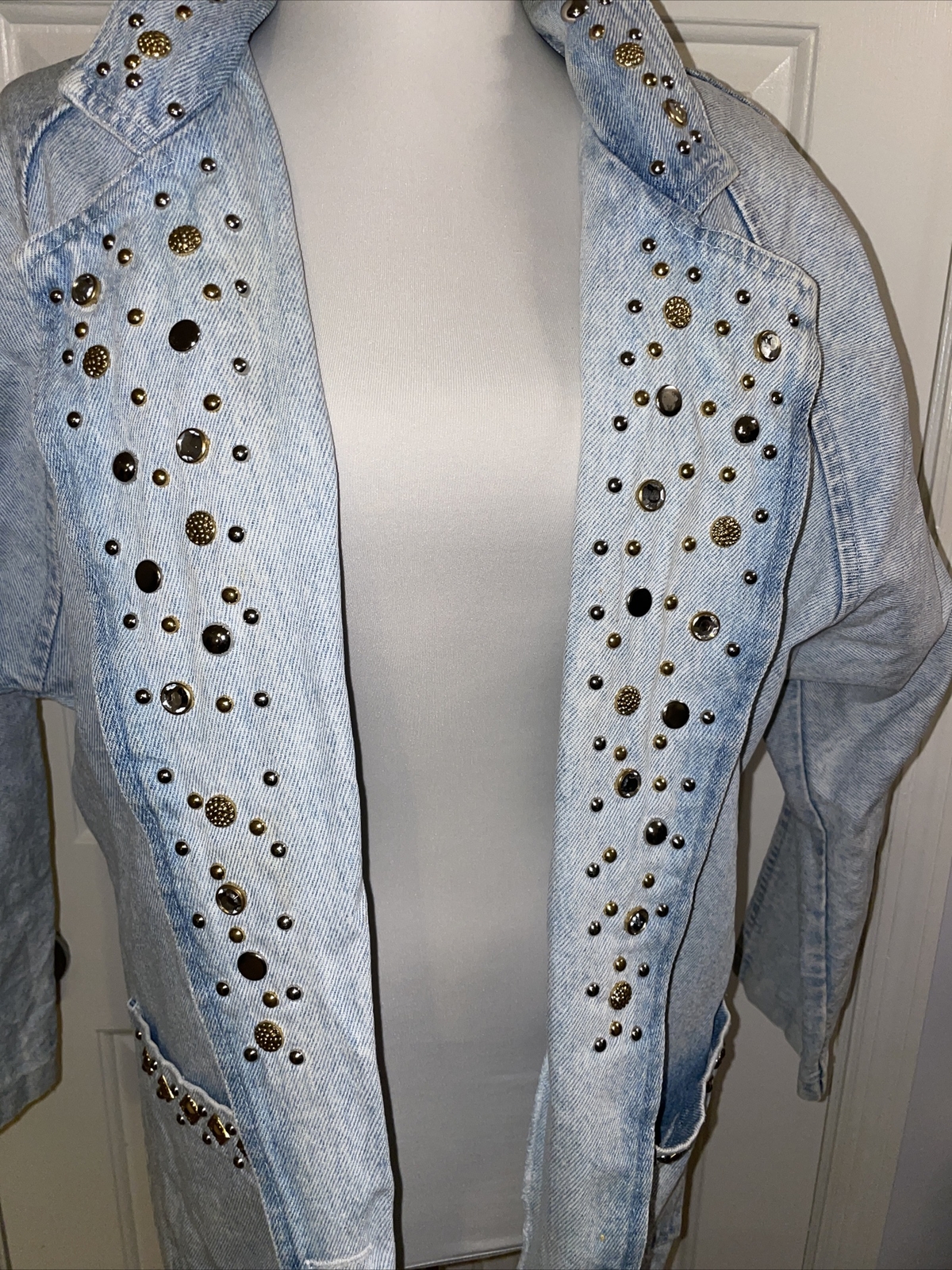 VTG RIO Light Blue Cotton Studded Western Button Denim Jacket Womens Sz S