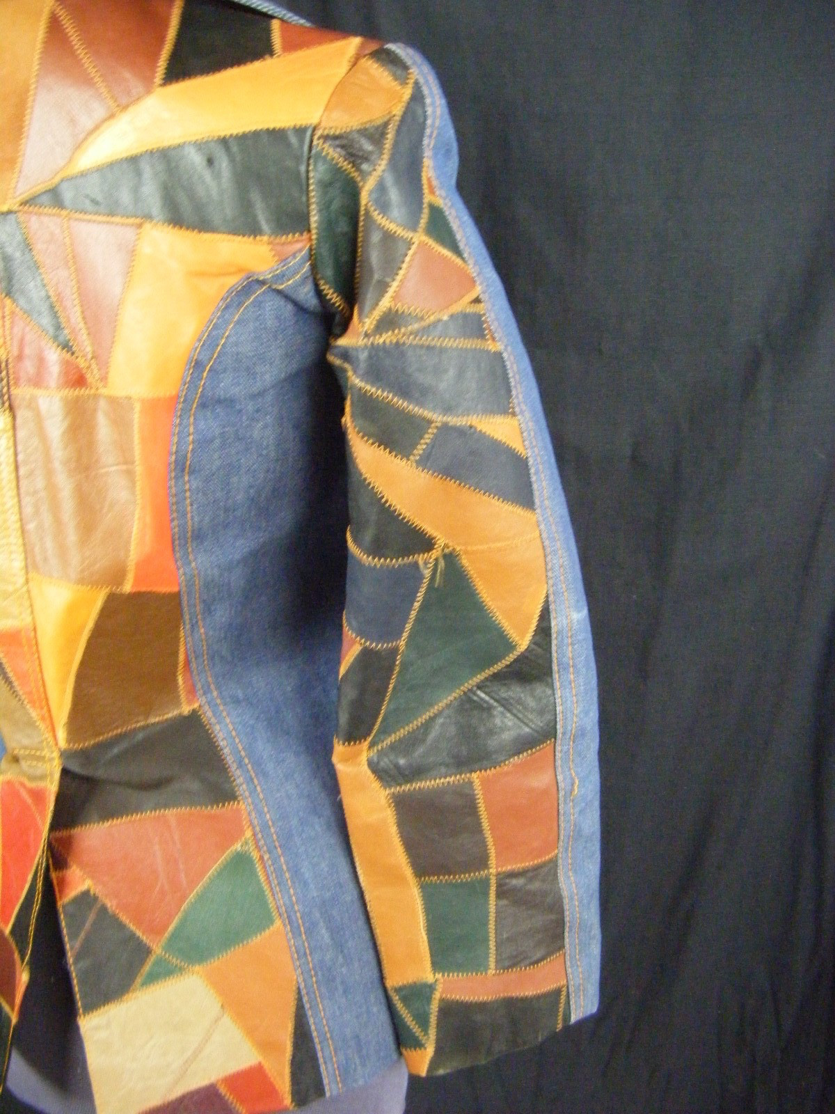ROSEMARY Vtg 70 Leather Patchwork Denim Jacket-Bust 35/2XS-XS