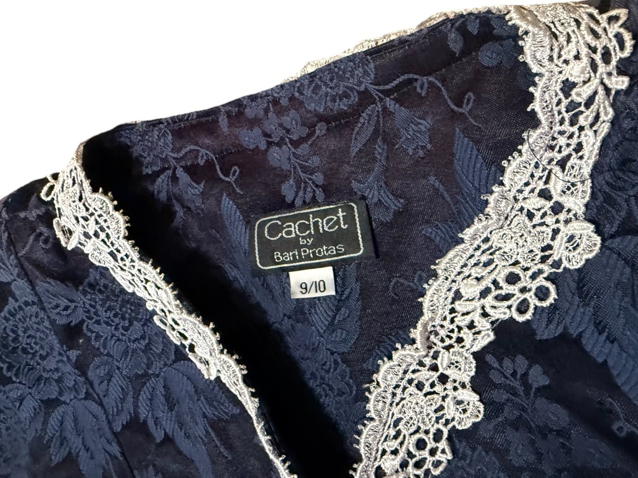 Cachet Bari Protas Vintage Navy Blue Suit Set Skirt Top 9/10 Pearls Lace Rare