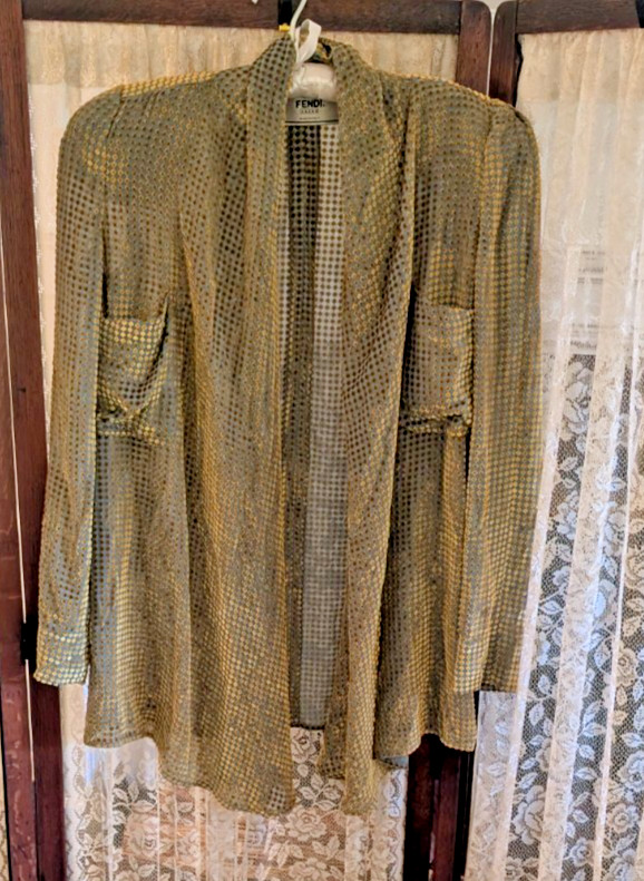 Vintage 80&rsquo;s 90&rsquo;s Fendi Rayon Silk Velvet Gold Blue Jacket Top Italy S 4 – 6