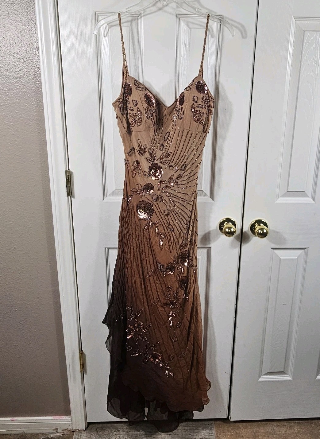 Vtg Stenay 100% Silk Cappuccino Ombre Beaded Evening Gown Sz 16 Fairy Prom Dress