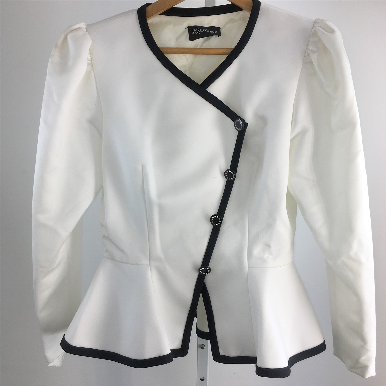 Vtg 1980s Kastina Blazer Jacket White Black Trim Dressy Sz 10 Peplum Bust 36&Prime;