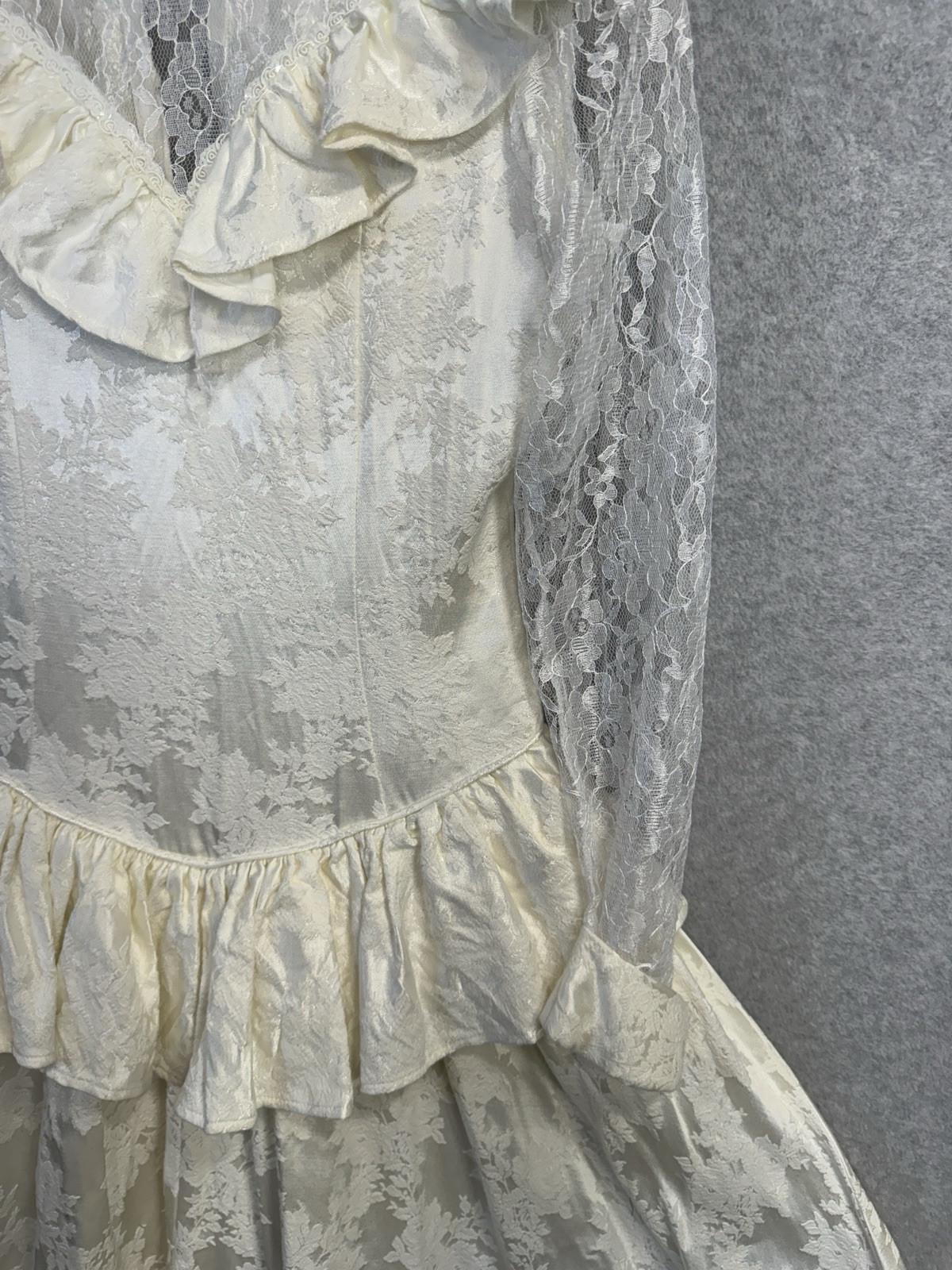VTG 80s Roper Rustic Ivory Lace Jacquard Prairie Victorian Dress Womens 5/6 USA
