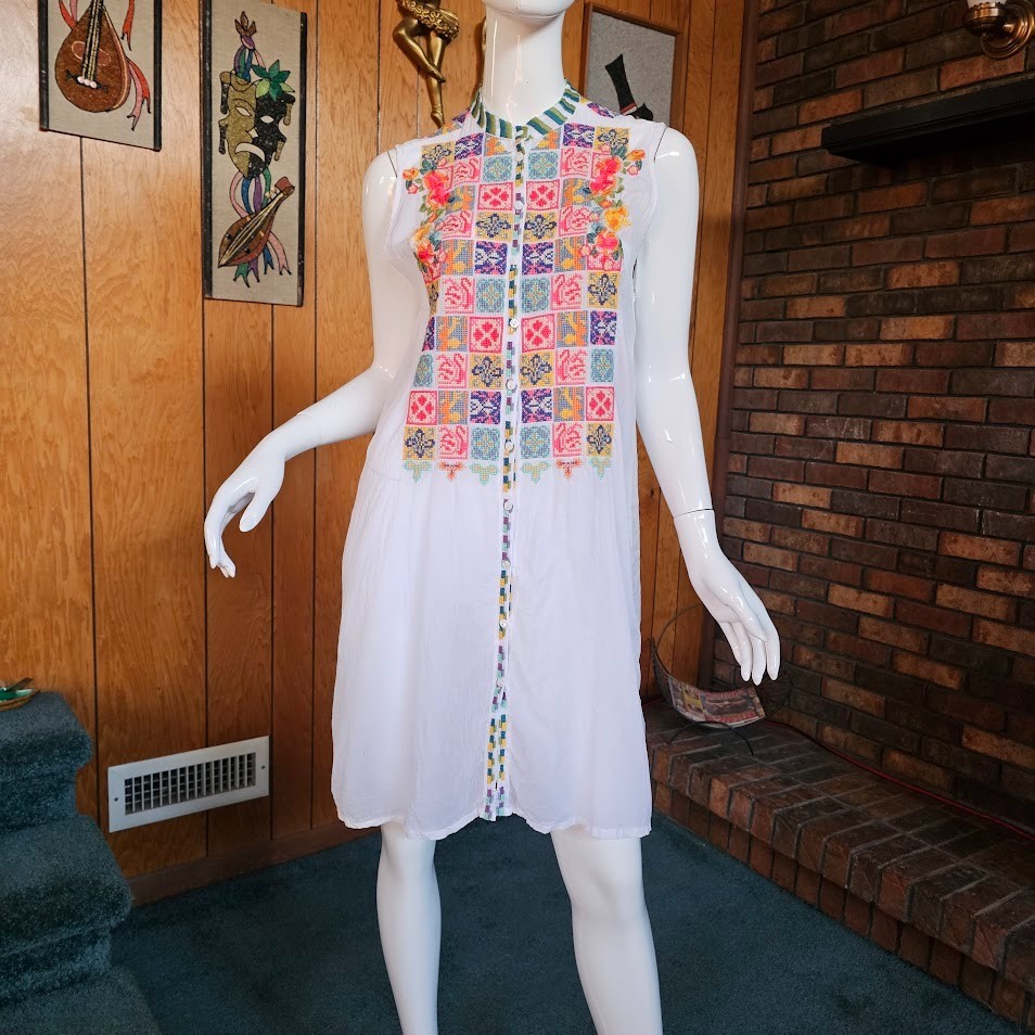 Vtg Y2K Hippy Bohemian Johnny Was Sheer Rayon Embroidered Tunic Blouse Dress S/M