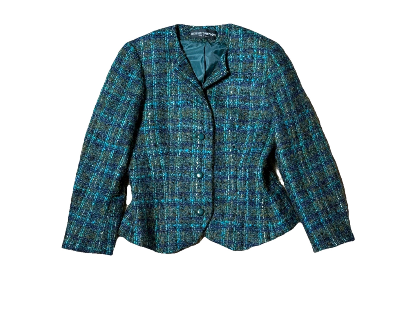 Vintage Herbert Grossman Tweed Suit Jacket Wool Blazer Parisian Chic Blue Green