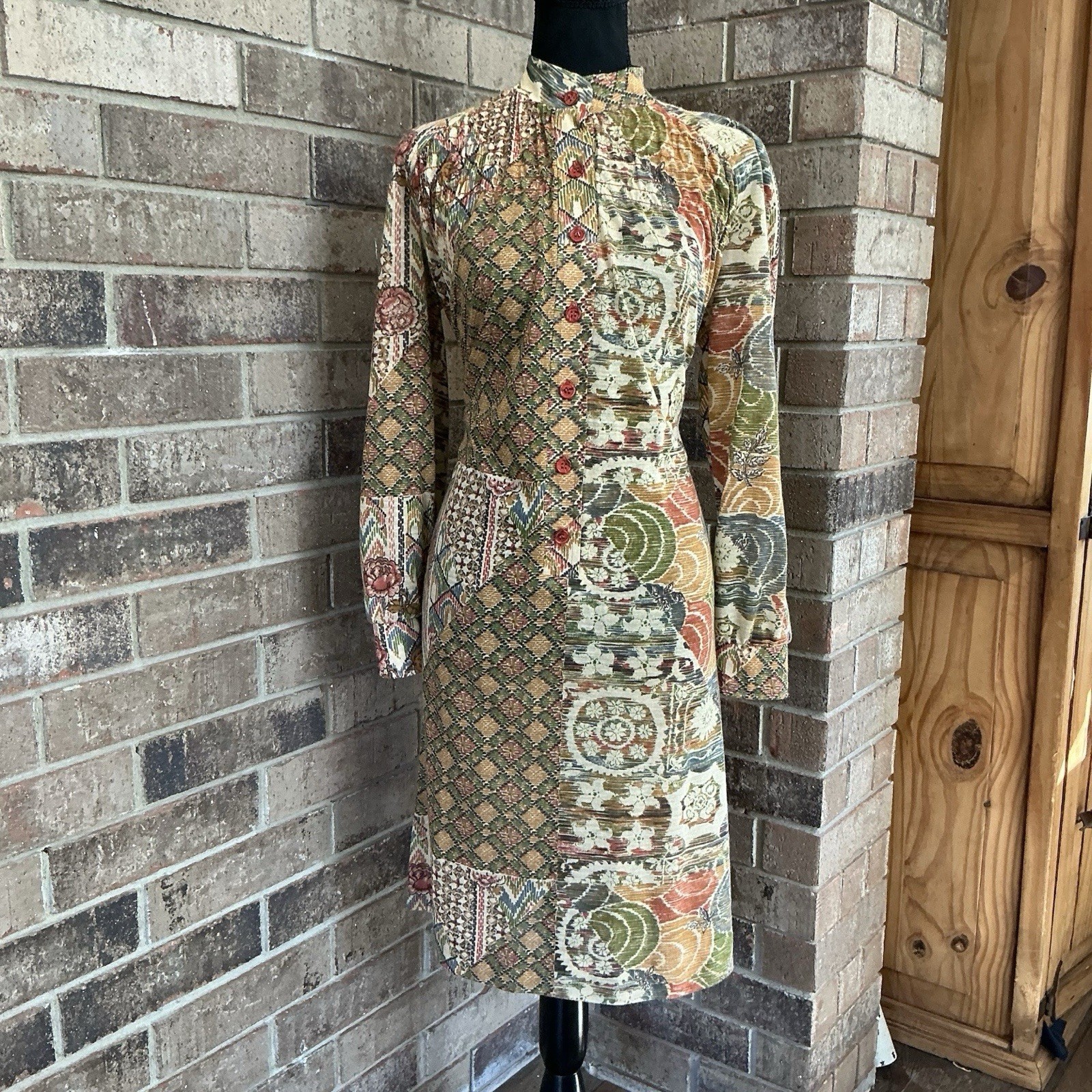 70s VINTAGE Jonathan Logan Patchwork Print Midi Dress Size 11/12 Women&rsquo;s #9D4