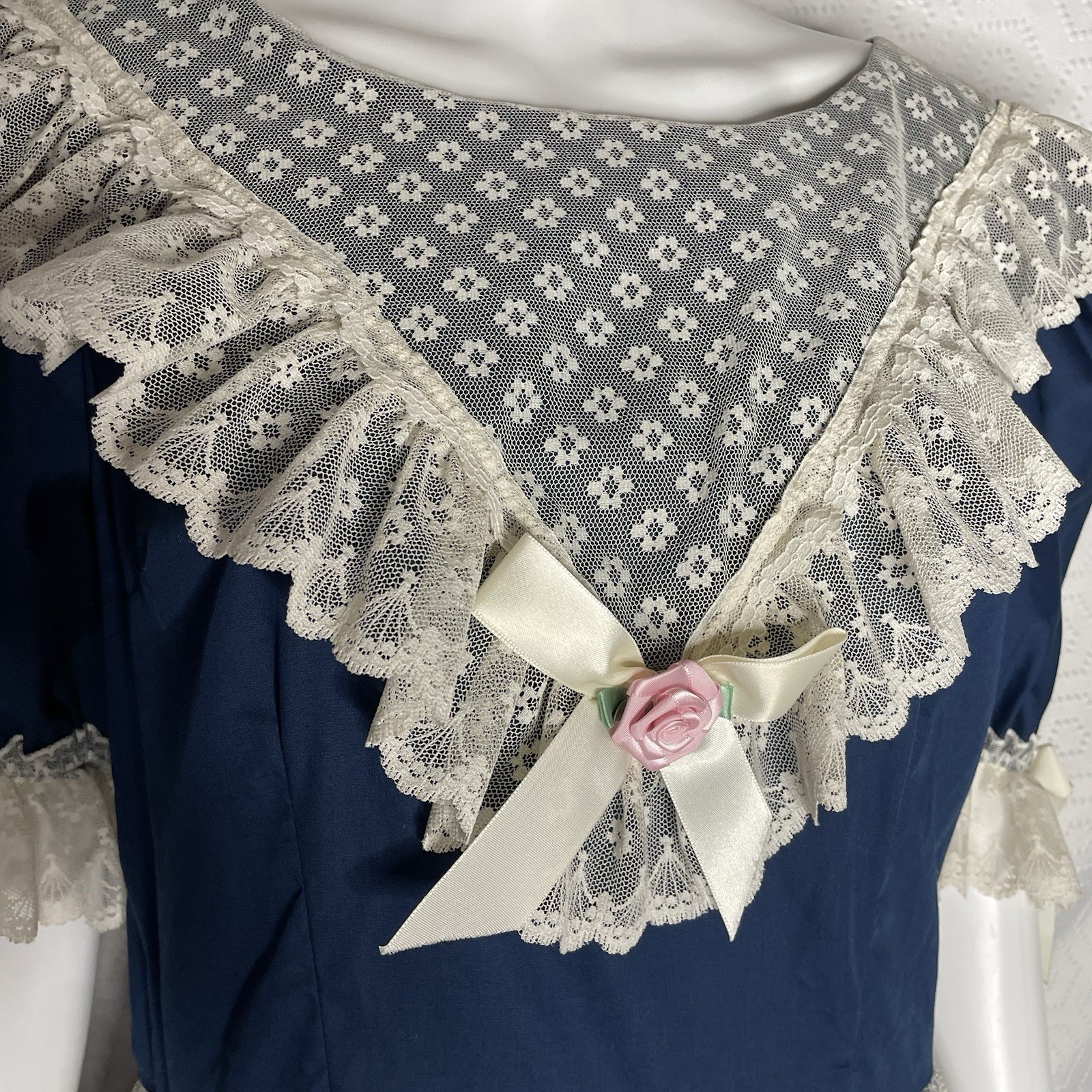 Partners Please Malco Modes Square Dance Dress 14 Blue White Lace Vtg Prairie