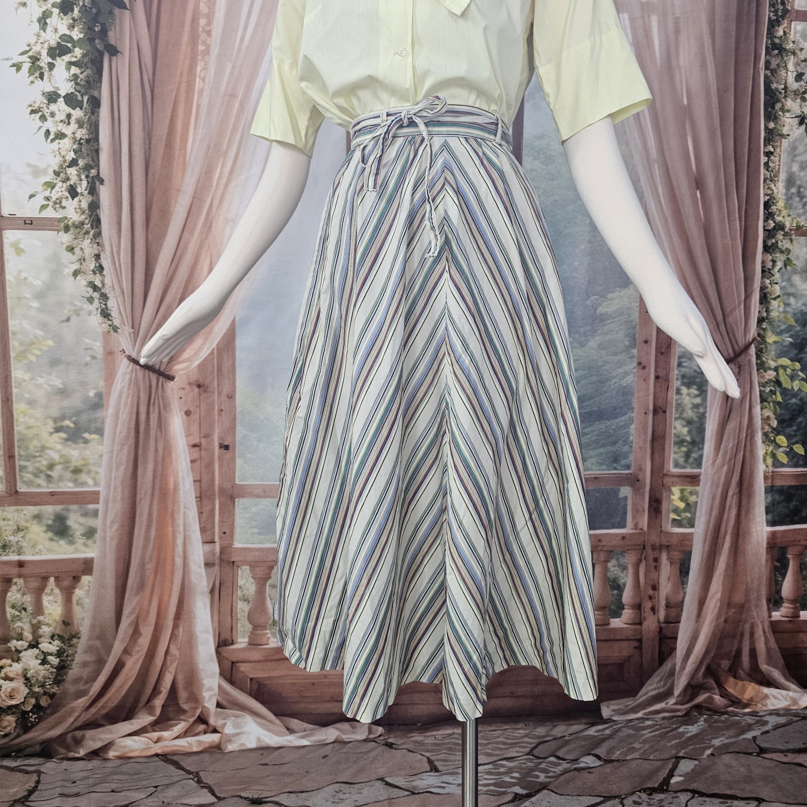 Vintage 1970s Skirt A-line Striped Muted Toned Fabric Belt Nutmeg Midi Length
