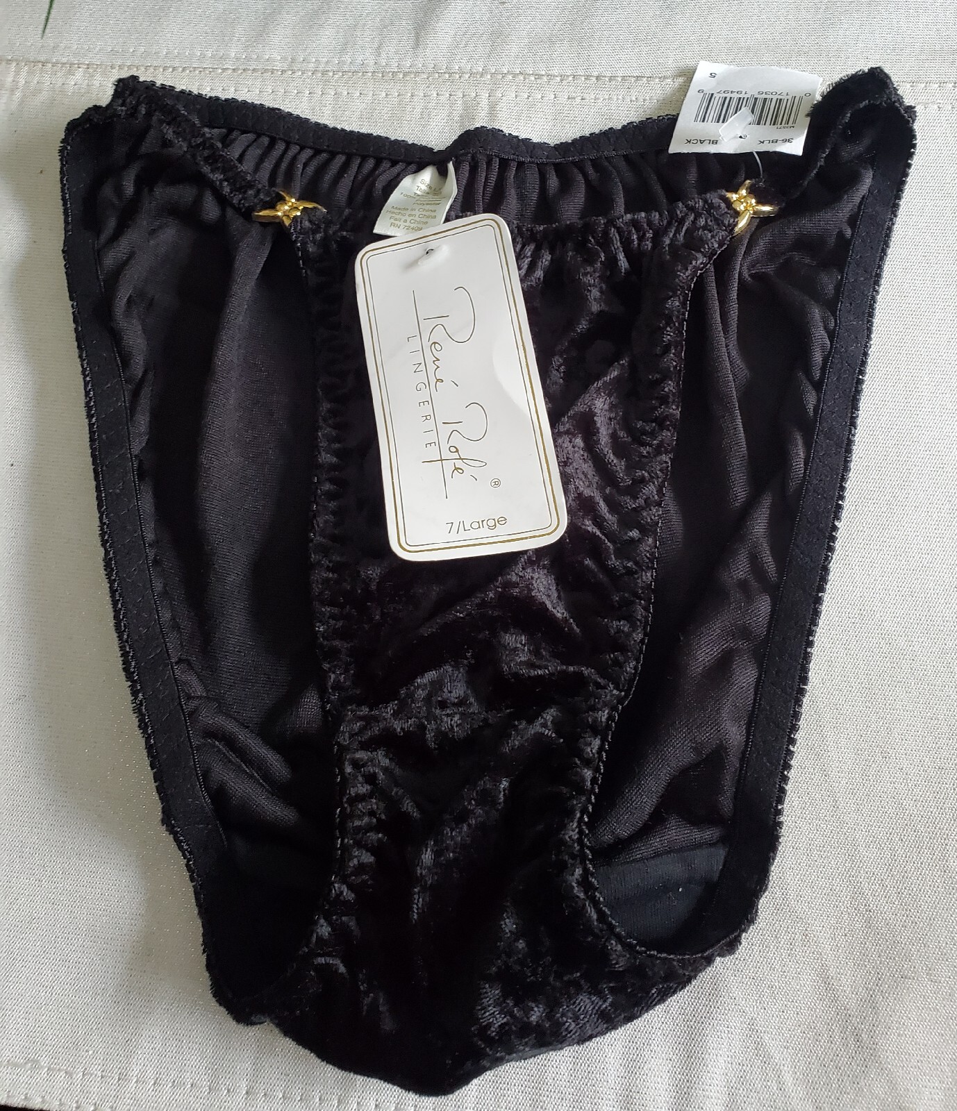 Vintage Rene Rofe Velour Velvet Satin String Black Bikini Panties Sz 7/L NWT