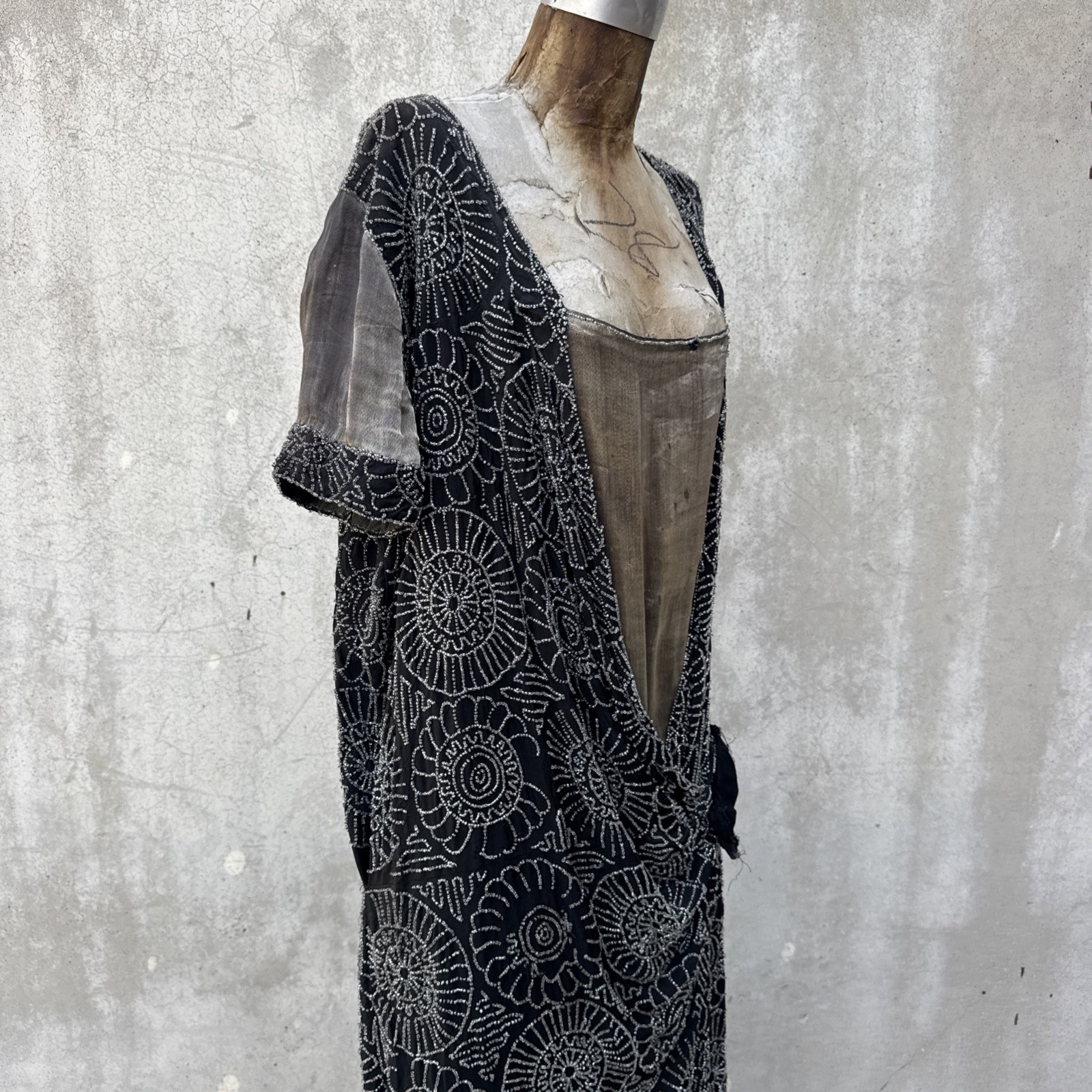 Antique 1920s Completely Beaded Flower Gown Silver Lamé Full Length Dress VTG