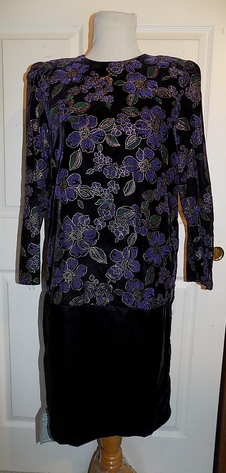 NOS Vintage 80s Purple Floral Black Velvet Dress Another Thyme Size 10 B38