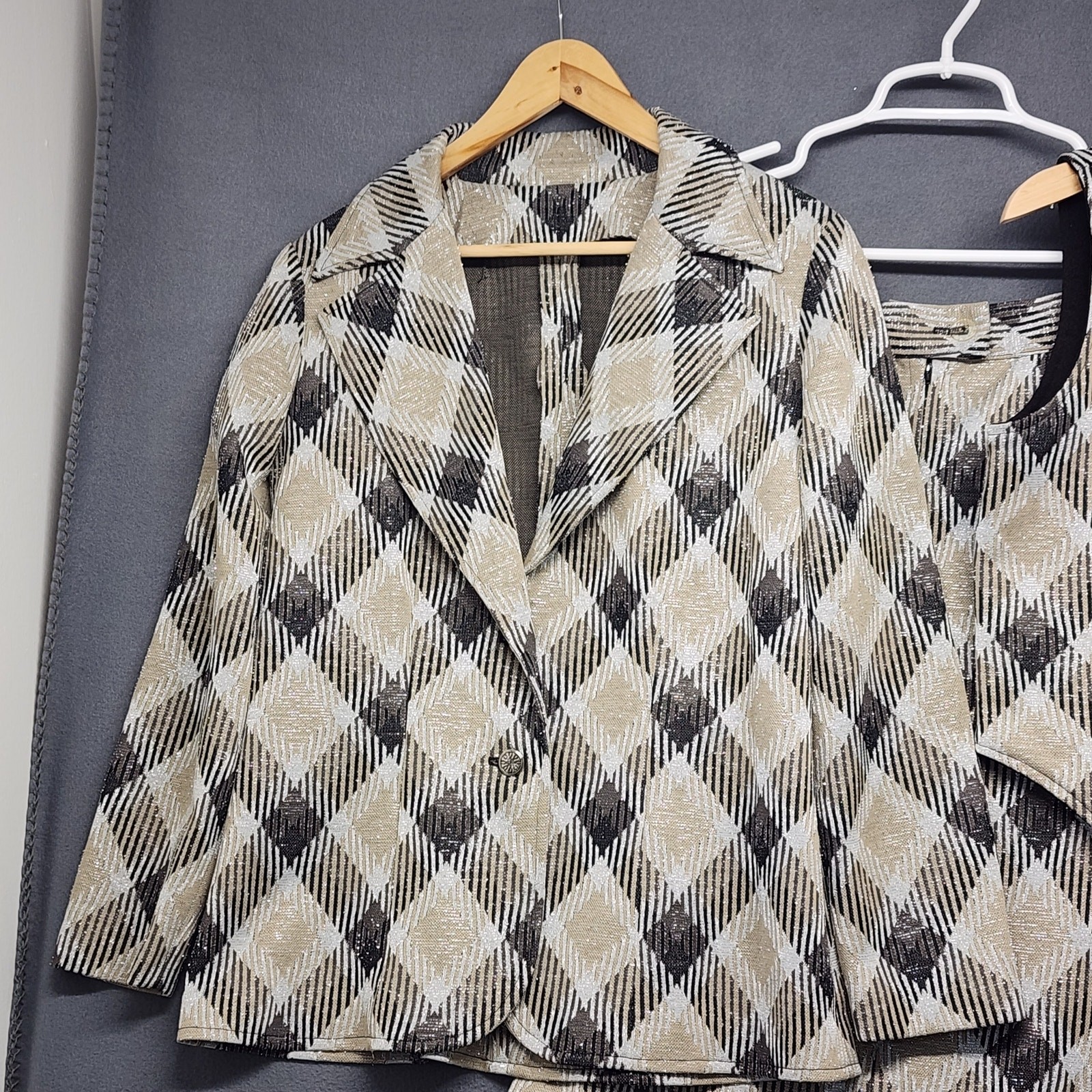 Vintage Handmade 3 Piece Set Jacket Vest Skirt Womens S/M Plaid Metallic 60s 70s