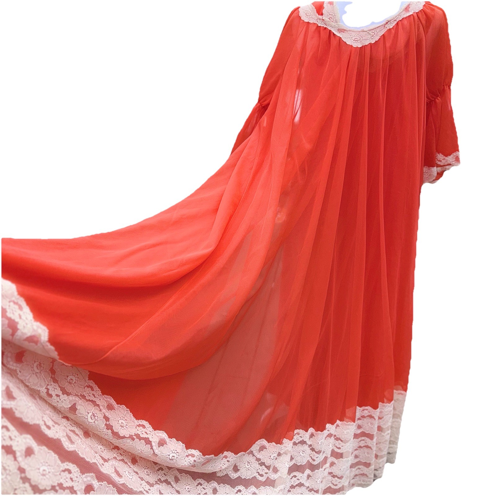 Vtg Intime Nightgown & Robe Double Chiffon Peignoir Set Flame Orange Sweep S M +