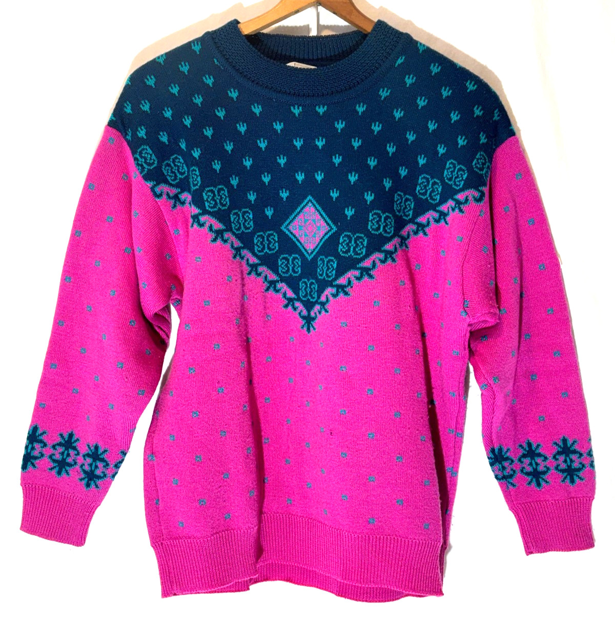 VTG Steffner Austria Nordic Fair Isle Wool Sweater M/L Teal Pink READ