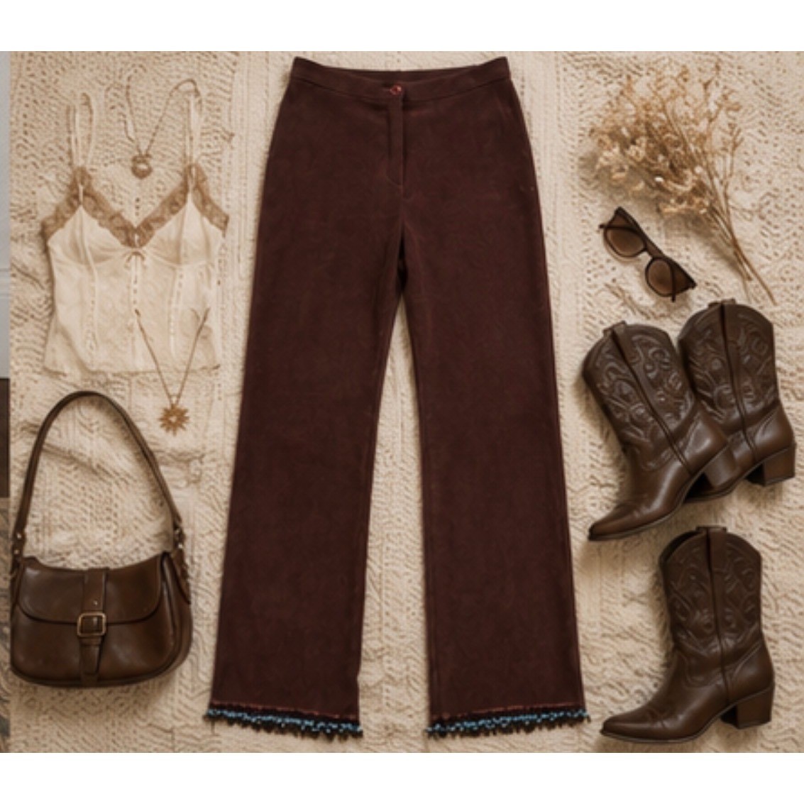Vintage Brown Faux Suede Beaded Fringe Hem Trousers Made in England Sz 10 S