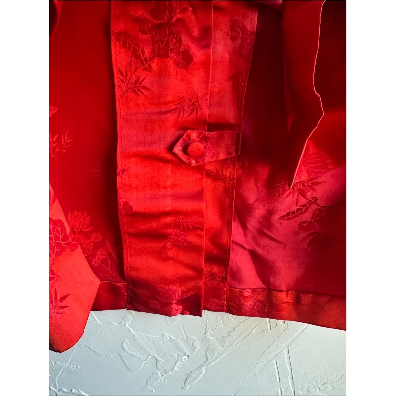Vintage Red Mandarin Frog Closure Satin Jacquard Jacket Chinese Brocade Artwear