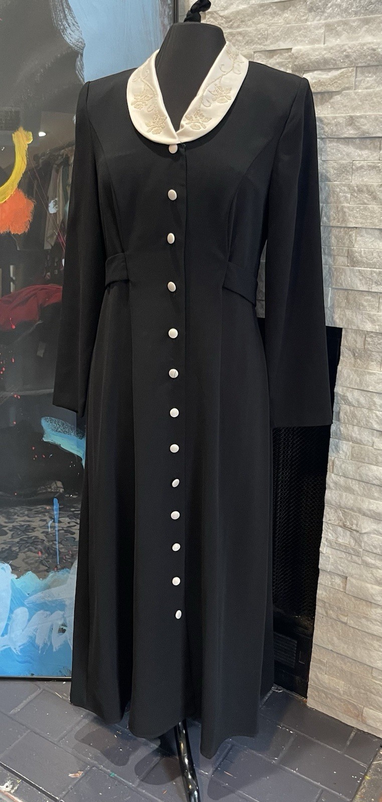 Vintage Miss Dorby Black Button Front Long Coat Dress Size 8