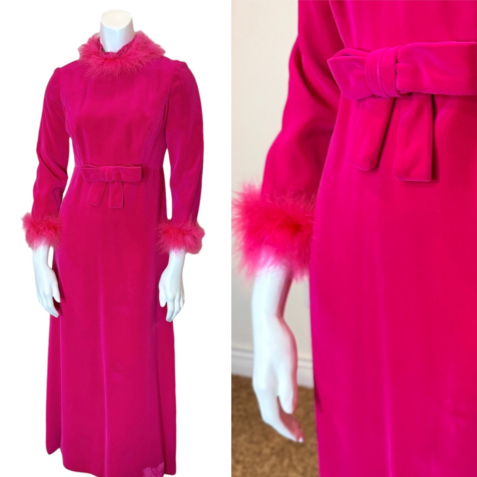 Vintage 60’s LUXE VELVET MARIBOU FEATHER DRESS S Pink Bow Hostess Dress Maxi