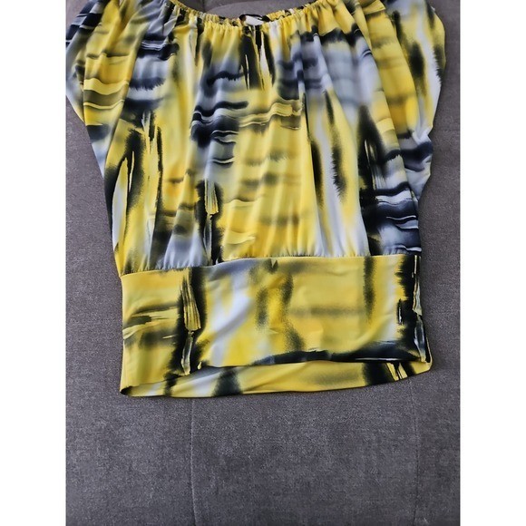Vintage Y2K Abstract Print Blouse Medium Yellow & Grey Retro Dolman Sleeve