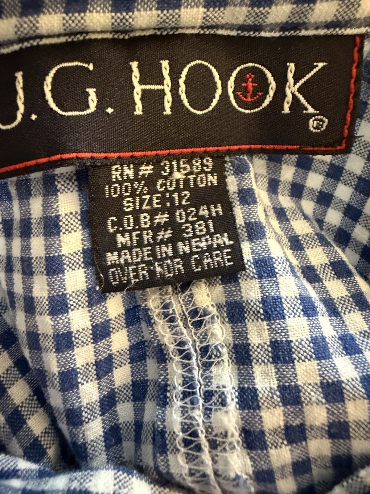Vintage 80s JG Hook blue white gingham seersucker midi dress button 12 preppy