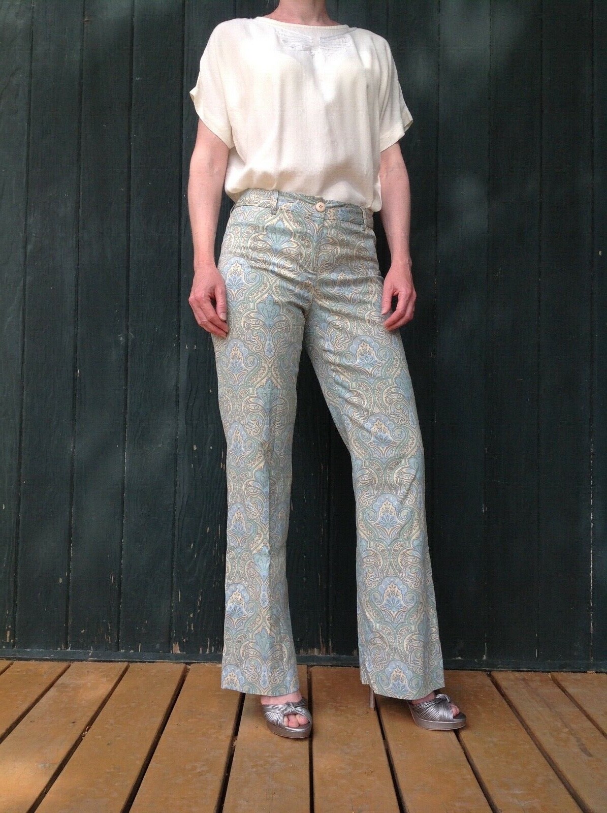 Sz2 HAROLD&rsquo;S silk blend pants Mint Green Paisley ESSAY Vintage Blouse off white