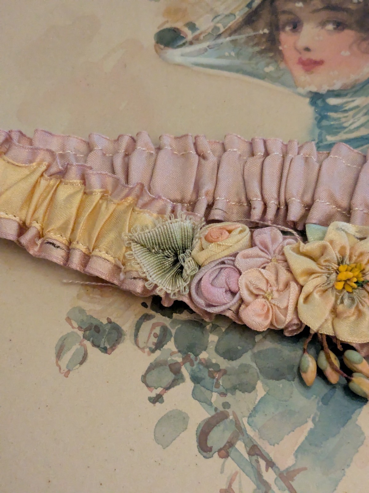Flapper 1920’S Ribbonwork Silk Garter So Many Flowers Lavender And Yellow