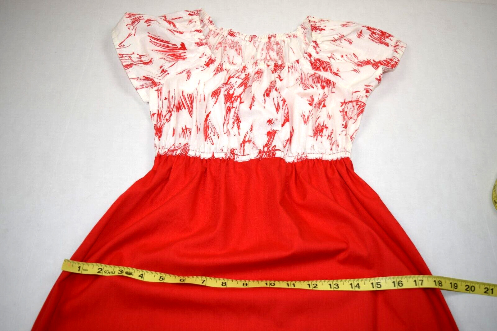 Vintage Handmade Maxi Dress Size S/M 70s Cherry Red White Cinch Waist