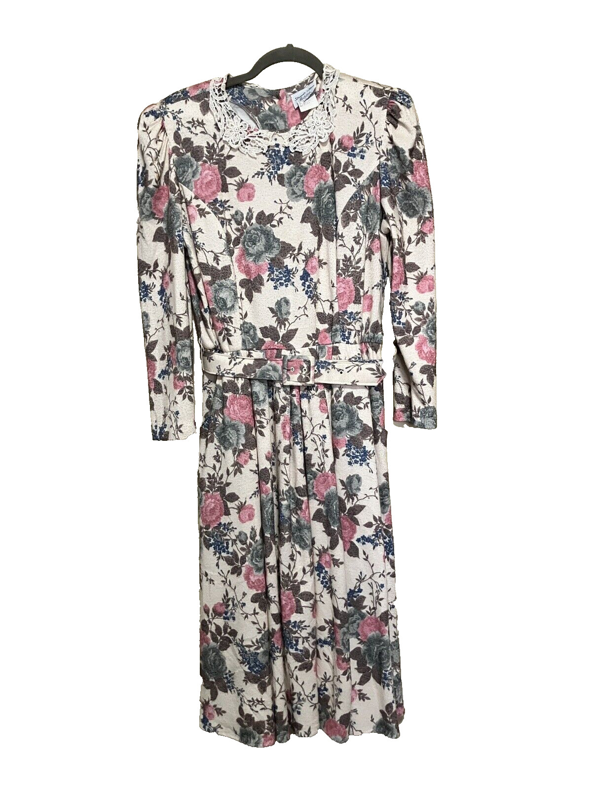Vintage STUART ALAN Petites Floral Modesty Cottagecore Belted Midi Dress sz 14P