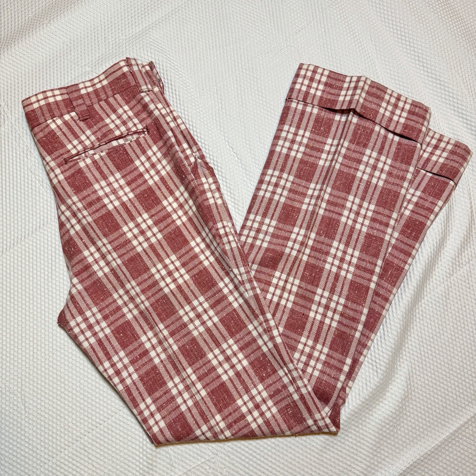 True Vintage 1970s Wrangler Plaid Red Bell Bottoms Disco Pants Twill USA 32×34