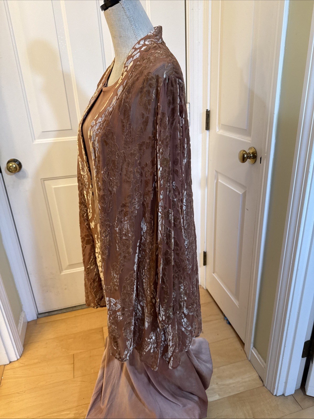 HANDPAINTED SILK GOWN Bright Side Mauve Pink Cut Velvet Jacket & Silk Dress Sz M